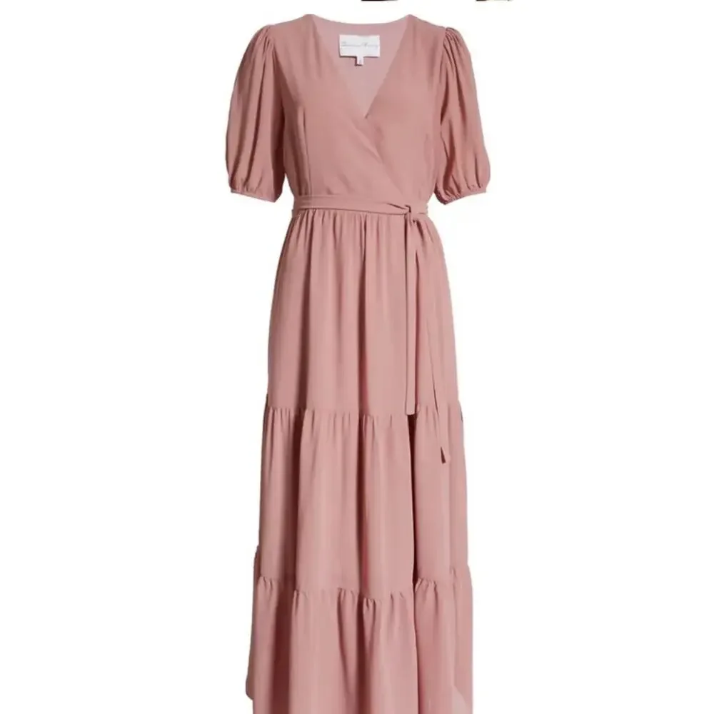 Charles Henry Short Sleeve Tiered Wrap Maxi Dress Size L Large NEW Coral - Picture 9 of 9